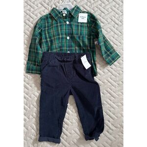 Old Navy-Green Plaid Shirt and Navy Pants Set-Size 12-18 Months